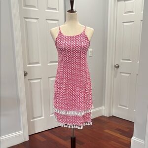 Pink and White Sleeveless Dress with Tassels